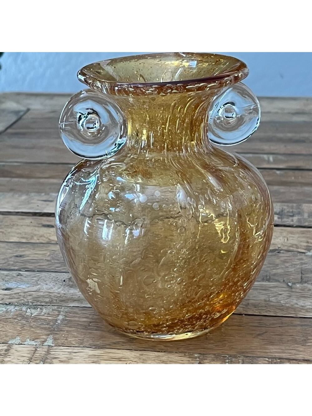 Vintage Hand Blown Glass Vase 5.5 in Amber Yellow Bubble Design w Scroll Handles